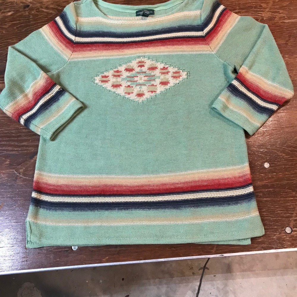 Lauren Ralph Lauren Southwestern Stripe Cotton Linen Knit Sweater Green XL 3/4 - Picture 11 of 16
